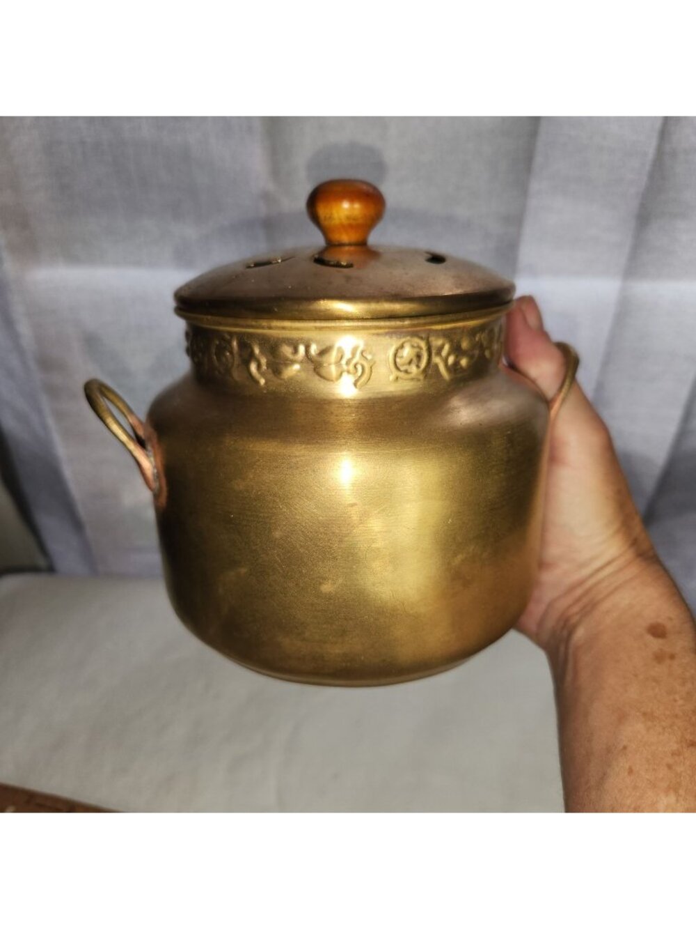 Vintage Brass Potpourri Pot With Vented Lid & Wooden Knob Embossed Floral Design